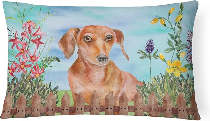 Caroline's Treasures CK1269PW1216 Red Dachshund Spring Canvas Fabric Decorative Pillow Machine Washable, Indoor Outdoor Decorative Pillow for Couch, Bed or Patio, 12HX16W