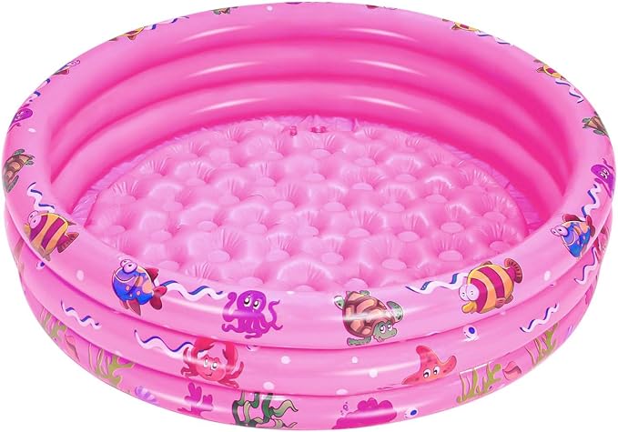 Inflatable Baby Kiddie Pools, 3 Rings Round Swimming Pool, Toddler Fun Water Swim Beach Floaties Toys, Kids Fishing Pond Ball Pit Pool, Small Infant Pool (Pink, 47 inch)