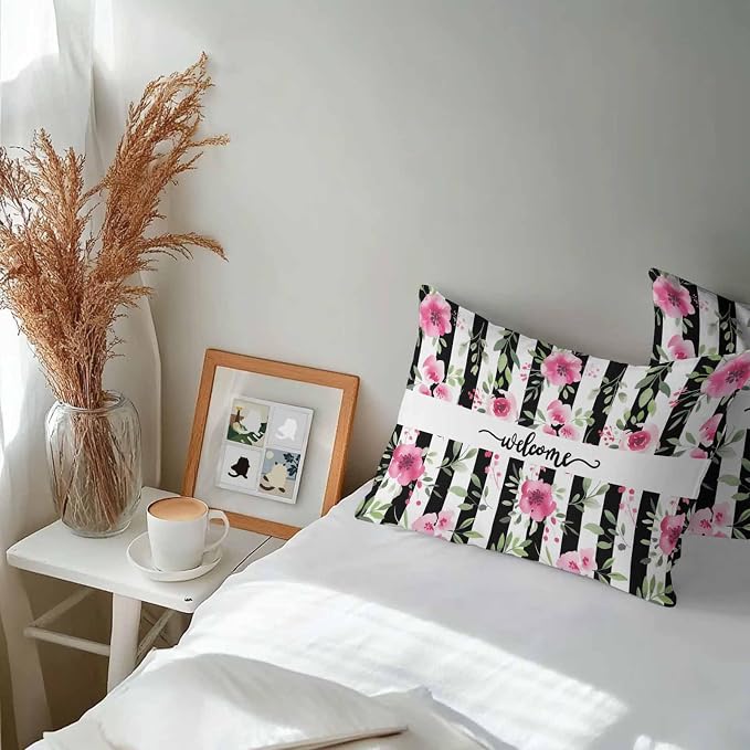 Lumbar Pillow Covers 20x12 Inch Set of 2, Pink Red Flower Waterproof Outdoor Cushion Covers, Watercolor Floral Leaf Black White Stripe Decorative Pillowcases for Couch, Sofa, Bed, Garden, Patio