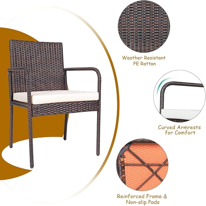 Tangkula 6 Piece Acacia Wood Patio Dining Set, Patiojoy Outdoor Wicker Furniture Set w/Bench, 4 Cushioned Rattan Chairs & Wood Table with Umbrella Hole, Ideal for Backyard Garden Porch