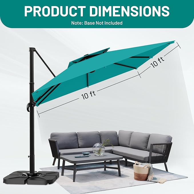 AreShark 10×10FT Double-Top Cantilever Patio Umbrella, Square Offset Umbrella with 360 Degree Rotation, Heavy Duty Patio Umbrella for Garden Deck Pool, 5 Tilt Angles, Turquoise Blue
