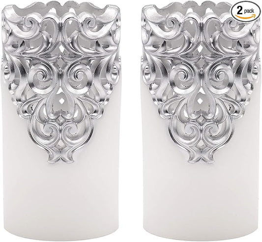 DRomance Hollow Silver Flameless Flickering Candles with 5H Timer, Battery Operated LED Pillar Candles Unscented Wax Warm Light Christmas Home Decoration(Set of 2, 3 x 6 Inches)