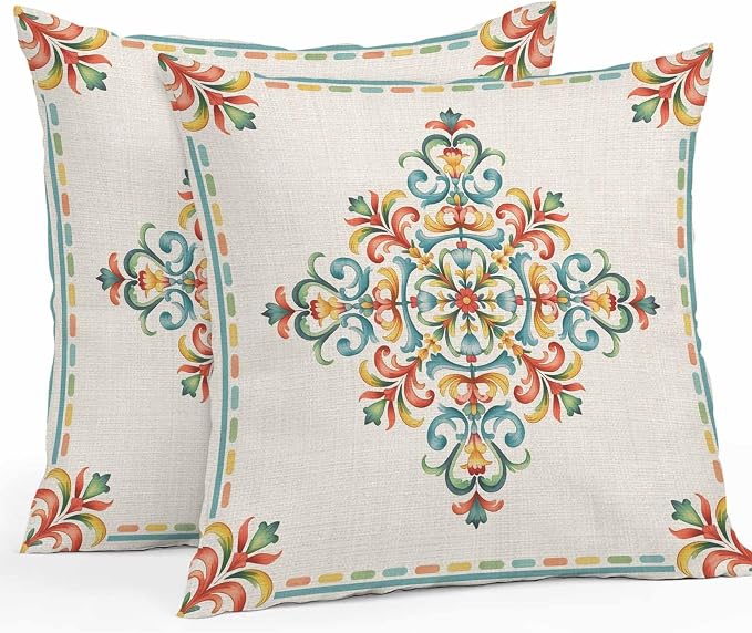 Geometric Flowers Outdoor Pillow Covers 16x16 Inch Throw Pillow Covers Set of 2 Waterproof Decorative Pillow Cases Modern Abstract Colorful Floral on Linen Cushion Covers for Patio Furniture Garden