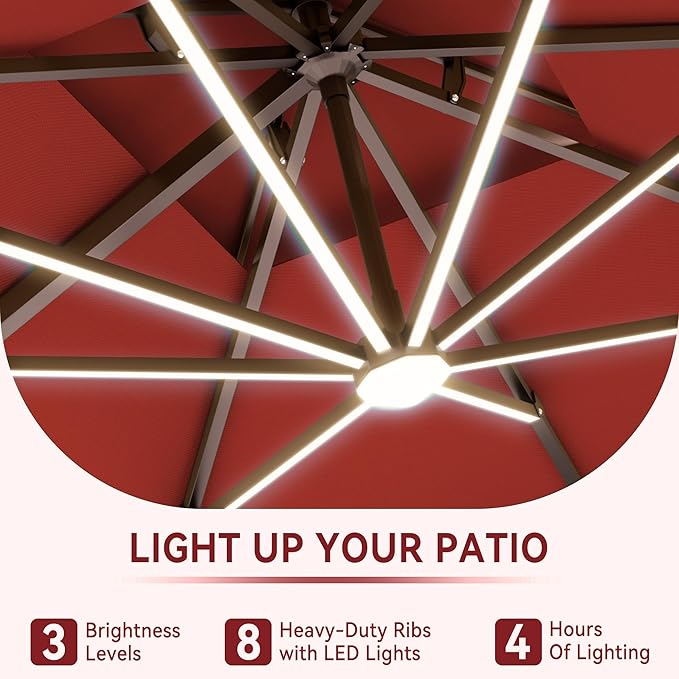 9 X 12 FT Cantilever Outdoor Patio Umbrella with Base Included Large Heavy Duty 360° Rotation Double Top Offset Rectangular Umbrellas with LED Lights for Backyard Outside Deck, Red