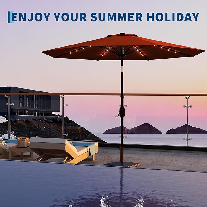 Garvee 9/10 FT Solar Patio Umbrella with 32 LED Lights - Outdoor Table Umbrella with Crank Lift, Push Button Tilt and 8 Sturdy Ribs - Market Umbrella UV Protection for Pool, Deck, Yard, Garden