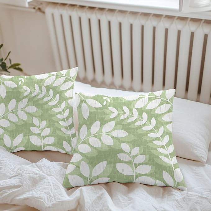 Olive Green Leaves Outdoor Waterproof Throw Pillow Covers 18x18 Set of 2, Farmhouse Botanical Branch Vintage Boho Decorative Pillowcases Cushion Pillowcase for Couch Sofa Patio Pillow Protector