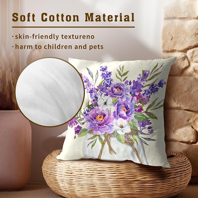 Lavender Flowers Throw Pillow Covers 16 x 16 Inches Set of 2 Rustic Farmhouse Vintage Purple Floral Plant Cotton Linen Pillowcase for Outdoor Sofa Garden Living Room Home Decor