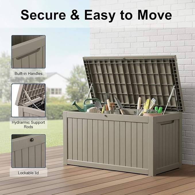 269 Gallon Large Outdoor Storage Box, Waterproof Deck Box with Lockable Lid, Resin Outside Storage Box for Patio Furniture, Pool Accessories, Garden Tools, Storage Bench for Backyard, Porch, Coffee