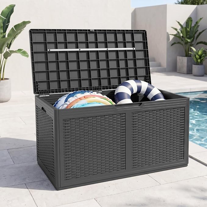 HAPPYGRILL 100 Gallon Resin Deck Box Outdoor Waterproof Storage with Lockable Lid, Rattan Texture Storage Container with Wheels for Pool Accessories, Garden Tool, Patio Furniture Cushion (Grey)