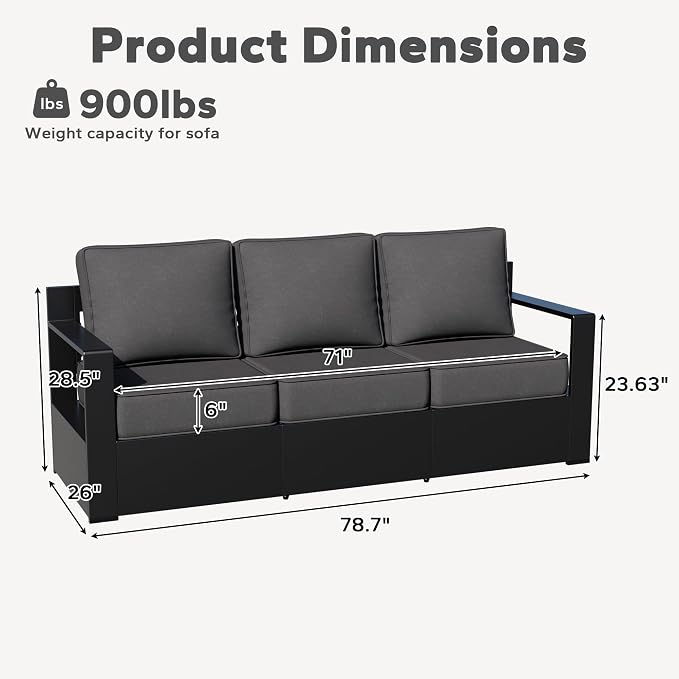Aluminum Patio Sofa - 3-Seater Outdoor Couch with 6" Thick Removable Cushions, All-Weather Metal Frame, Deep Setting for Garden, Poolside and Porch