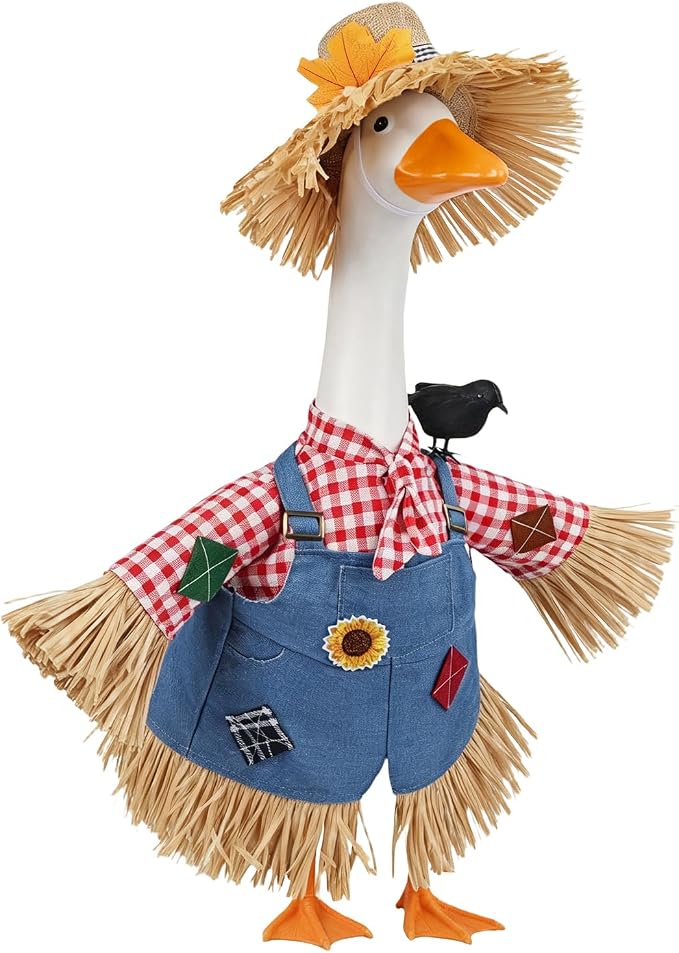 Fall Porch Goose Outfit Scarecrow Costume, Thanksgiving Porch & Yard Decor | Fits 23 Inch Goose Statues, 2-Piece Set with Scarecrow Hat & Crow, Autumn Porch, Patio, Lawn Garden Thanksgiving Decor