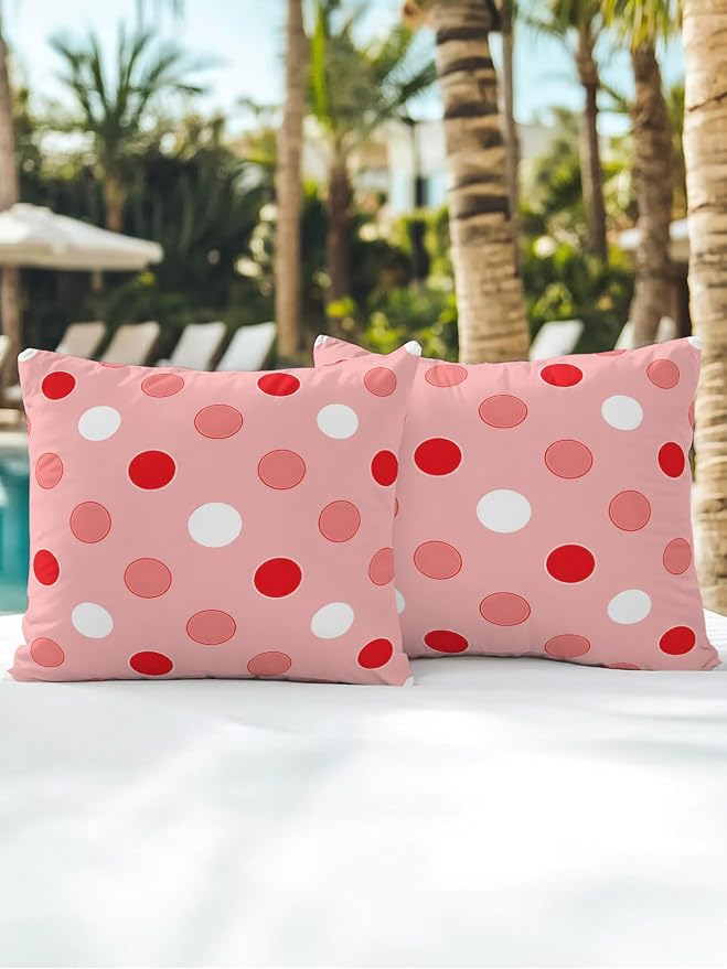 Waterproof Outdoor Pillow Set of 2 Red Polka Dots Decorative Throw Pillows Cover & Insert 16x16 Inch Pillowcase Funny Circles Spots Square Pillows for Couch Sofa Bed Patio Furniture Indoor Outdoor