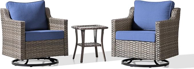 Luxury Patio Furniture sofa Set - 3 Pieces All Weather Wicker Outdoor Couch and High Back Swivel Rocker Patio Chairs with Glass coffee table for Deck Yard and Poolside Gray Wicker | Blue Cushions