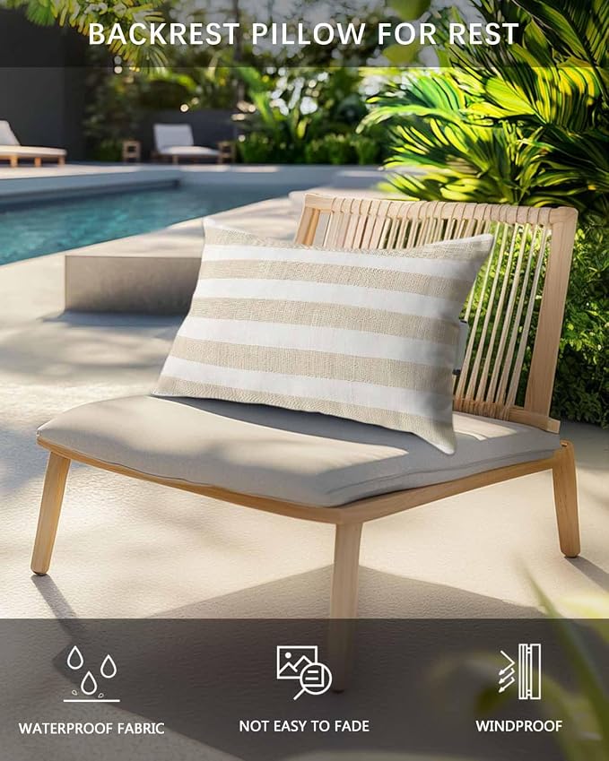 Outdoor Pillows for Chaise Lounge Set of 1 Vintage Brown Lines Headrest Pillow Waterproof Lumbar Pillows with Insert for Beach Chair,Patio Office,Pool Recliner, Vintage Stripes on Linen 12x20IN
