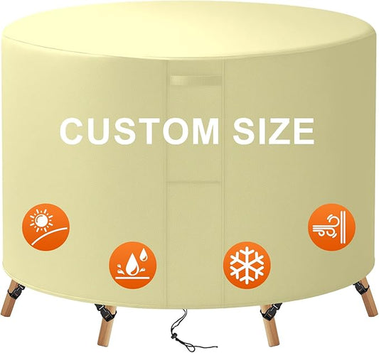 100"(D) x 16"(H) Round Outdoor Furniture Cover, Custom Heavy Duty 420D Waterproof Patio Furniture Cover with Drawstring & Buckles for Table Chair Garden, Cream