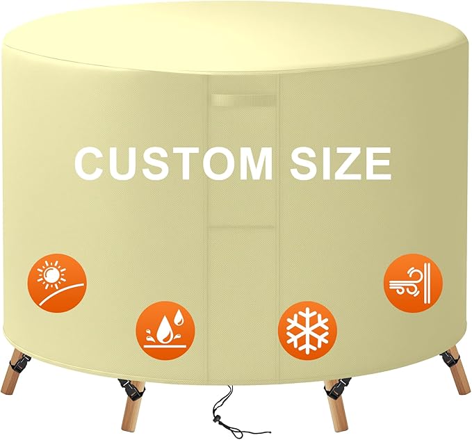 88"(D) x 24"(H) Round Outdoor Furniture Cover, Custom Heavy Duty 420D Waterproof Patio Furniture Cover with Drawstring & Buckles for Table Chair Garden, Cream