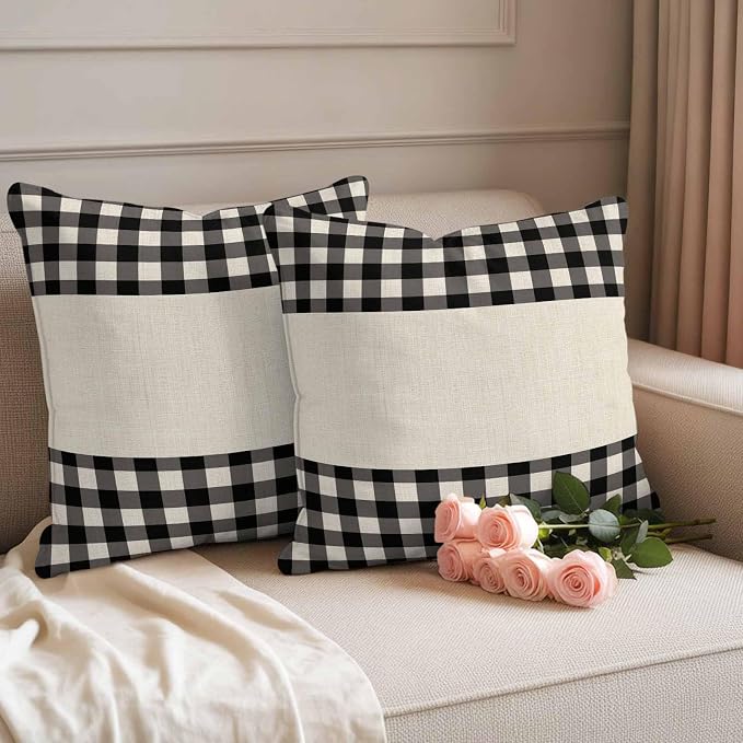 Retro Black Outdoor Waterproof Pillow Covers, Farmhouse Buffalo Plaid Vintage Beige Decorative Square Throw Pillowcase Sofa Cushion Sham for Patio/Couch/Chair, 20"x20" 2 Pack