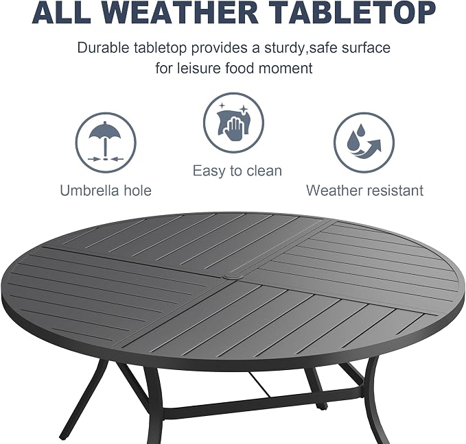 VICLLAX Patio 7 Pieces Outdoor Dining Set, 50" Round Metal Table with Umbrella Hole and 6 Swivel Textilene Chairs for Lawn, Garden, Porch, Black/Brown