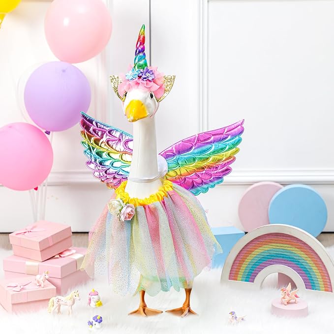 Abbylike Unicorn Porch Goose Outfit Rainbow Goose Costume for 23'' H Cement Statue with Tutu Skirt Unicorn Headband Wing for Party Outdoor Yard Lawn Garden Patio Decor
