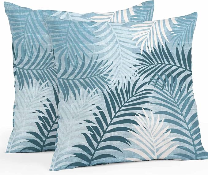 Teal Palm Leaves Waterproof Outdoor Pillow Covers Set of 2 Home Decor, Summer Tropical Leaf Plant Lumbar Pillowcase Patio Pillow Covers for Couch Bench Patio Furniture Garden 20x20in