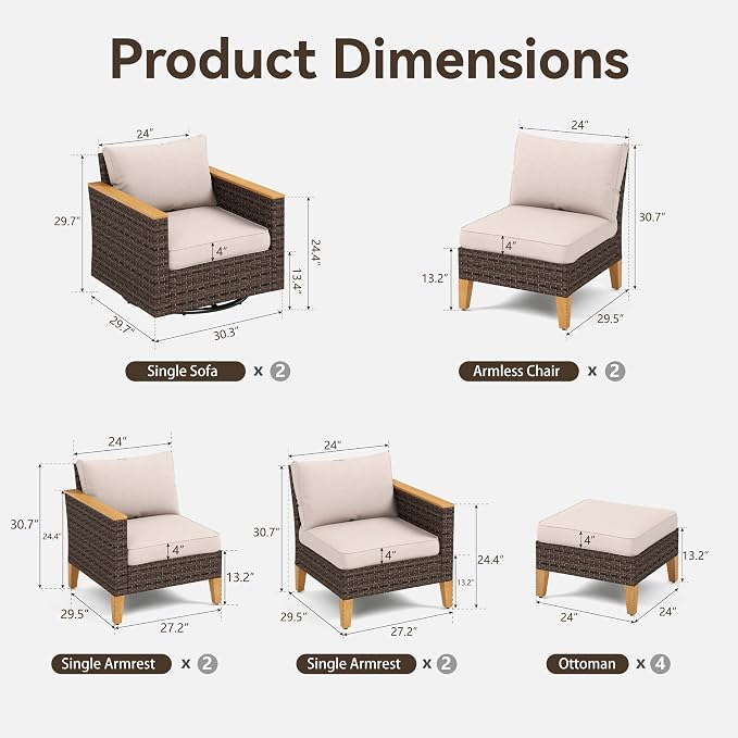 GREEN PARTY 12 Pieces Wicker Patio Furniture Set, All-Weather Outdoor Rattan Patio Sectional Sofa Conversation Set 12 Seats with 4" Thick Cushions for Garden, Backyard, 2 x Swivel Chairs