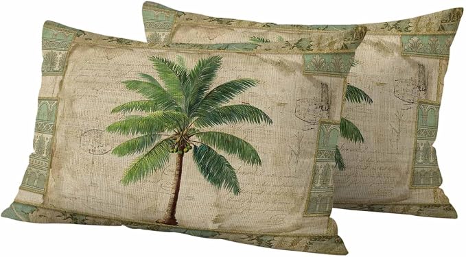 Summer Palm Trees Outdoor Pillow Covers 20"x12" Set of 2, Green Tropical Leaves Retro Boho Vintage Texture Waterproof Throw Pillow Covers for Patio Furniture, Decorative Cushion Covers for Porch