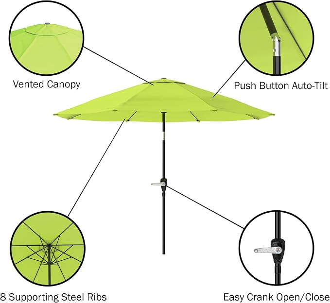 Alaterre Furniture Okemo 8 Piece Outdoor Dining Set with Umbrella - Solid Acacia Wood Outdoor Furniture Set with 63” Patio Table, 6 Patio Chairs and 10ft Lime Green Umbrella