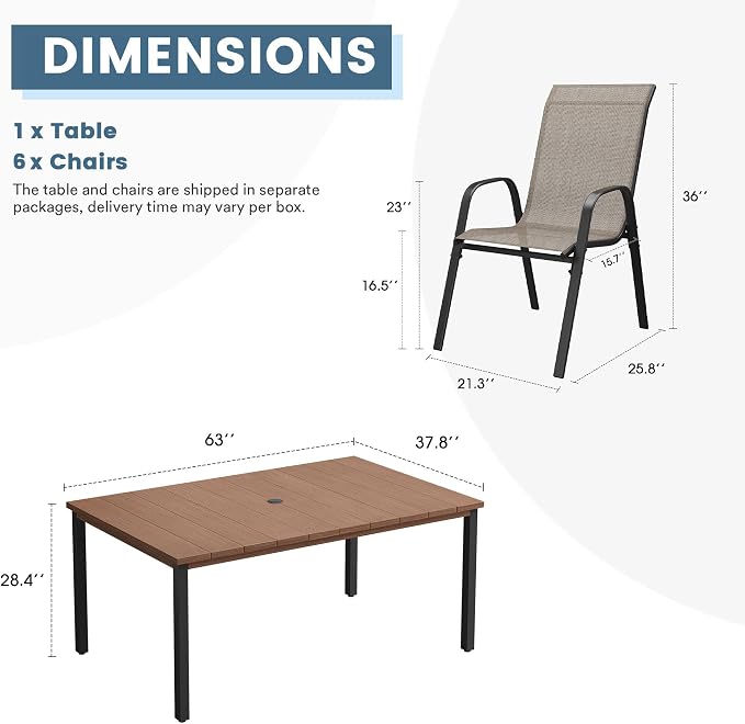 DIFY 7 Piece Outdoor Dining Set, 63" Walnut Rectangle Metal Patio Table and Brown Textilene Stackable Chairs for 6, All Weather Patio Furniture Set with Umbrella Hole for Backyard Garden Deck