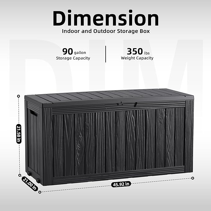 90 Gallon Large Waterproof Outdoor Deck Storage Box, UV Resistant Lockable Bin with Wheels & Built-in Handle, Outdoor Storage Container for Patio Furniture, Patio Cushions, Garden Tools(Black)