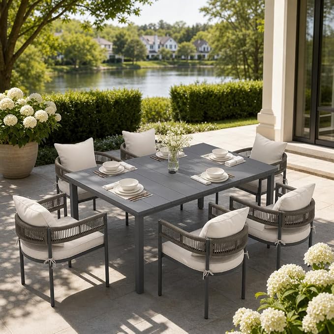 VICLLAX Patio Dining Set, 63" Dark Grey Table & 6 Chairs with Wheat Cushion | Outdoor Table and Chairs Set of Rectangular Metal Patio Table, Outdoor Dining Chairs with Metal Frame, Garden Deck Porch