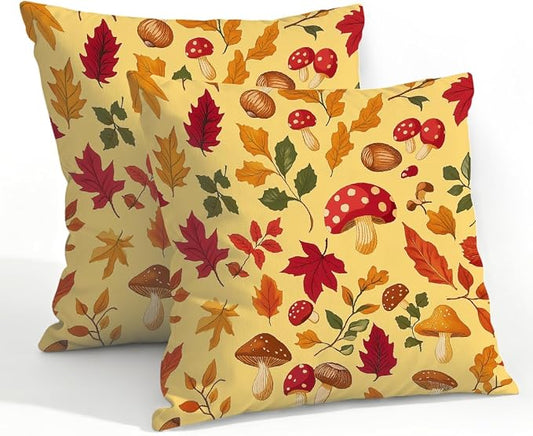 22x22 Inch Outdoor Pillow Covers Set of 2 Waterproof Throw Pillow Covers Decorative Couch Cushion Covers Mushrooms Leaves Fall Square Pillowcases Protectors for Patio Garden Sofa