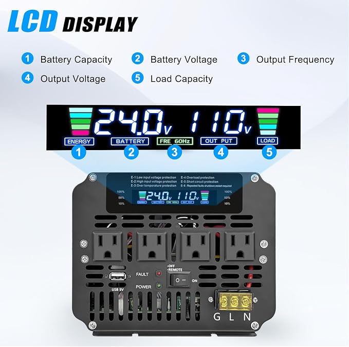 Cantonape 5000W Power Inverter 24V to 110V/120V DC to AC with LCD Display, Remote Controller and 4 x AC Outlets Car Adapter for Car Truck Boat RV Off Grid Solar System