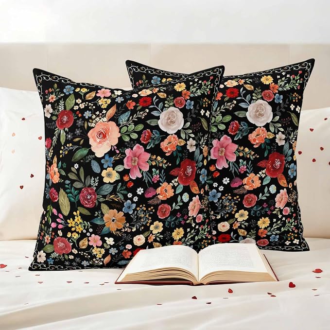 Watercolor Flowers Waterproof Outdoor Pillow Covers 24''x24'' Set of 2, Farmhouse Floral Patio Furniture Black Cushion Covers for Chairs, Decorative Vintage Wildflowers Pillow Cases for Garden/Pool