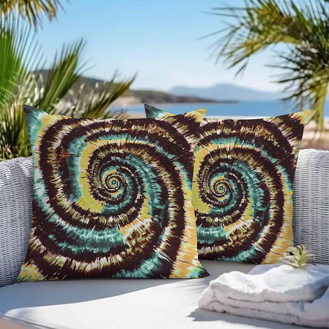 Vandarllin Outdoor Throw Pillows Covers 20x20 inch Set of 2 Waterproof Yellow Teal Tie-Dye Art Decorative Zippered Cushion Covers for Patio Furniture, Abstract Boho Tribe Lumbar Pillowcases