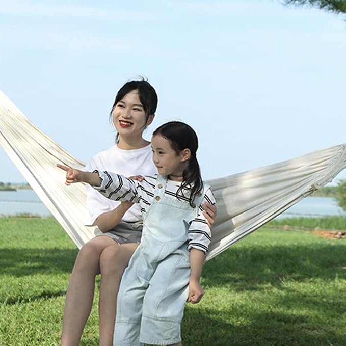 Camping Hammock, White Garden Cotton Hammock with Hanging Ropes and Storage Bag, Portable Hammock for Outdoor Indoor Patio Backyard Traveling Adventure (190x150cm)