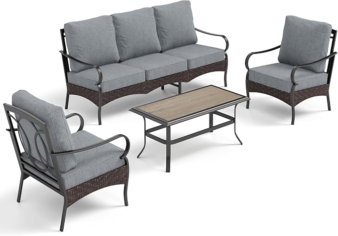 PHI VILLA Outdoor Modern Patio Furniture Set, Upgraded Wicker & Metal Patio Furniture Conversation Set with Waterproof Thick Cushions for Porch, Poolside, Yard (4 Pieces,Grey)