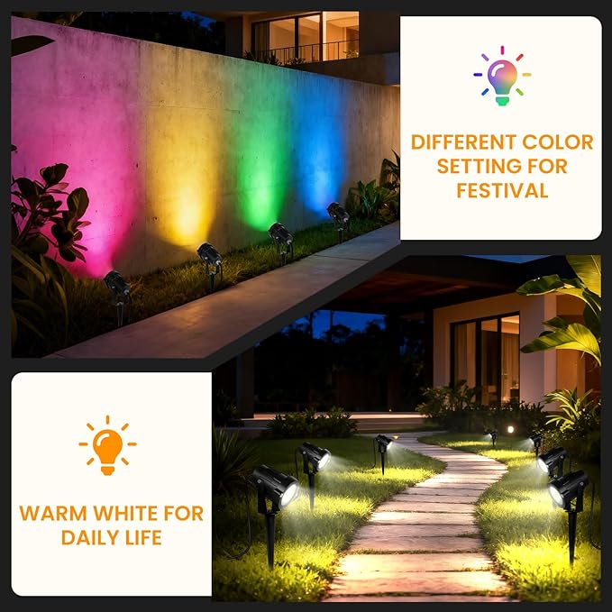 Christmas Spotlights Outdoor: RGBW LED Spot Light Plug in 120V Remote Control 16 Color Changing Landscape Spotlights for Yard Outside House Garden Lawn Path Tree Holiday Décor, 4 Pack (RGB+Warm White)