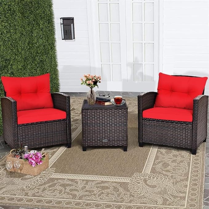 3PCS Patio Rattan Furniture Set Cushioned Conversation Sofa Coffee Table for Your Outdoor Space(Black)