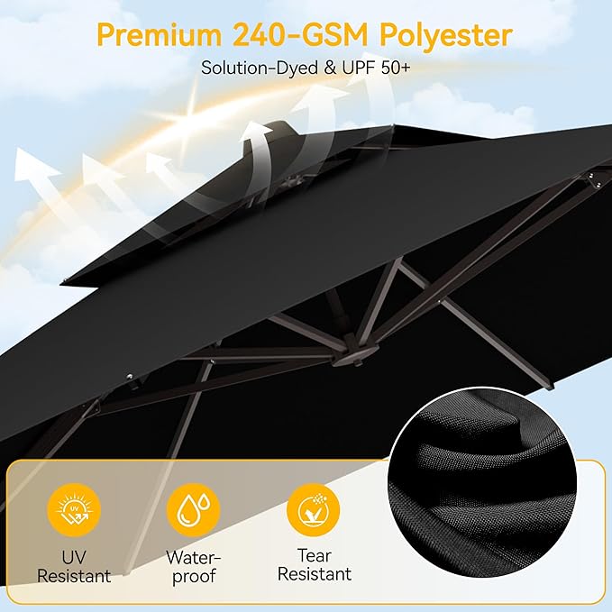 VEGOND 10x10 FT Patio Cantilever Umbrella with Base, Rectangular Heavy Duty Offset Umbrella for 6-8 People, 360°Rotation & Mult Tilt, Double Top Design, for Pool Garden Deck (Black)
