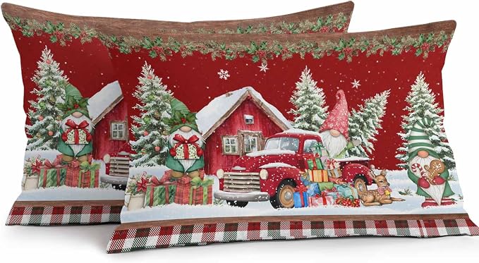 Red Christmas Lumbar Pillow Covers 20x12 Inch Set of 2, Truck Elk Xmas Tree Snowflake Ball Winter Gnomes Waterproof Outdoor Cushion Covers, Decorative Pillowcases for Couch, Sofa, Bed, Garden, Patio