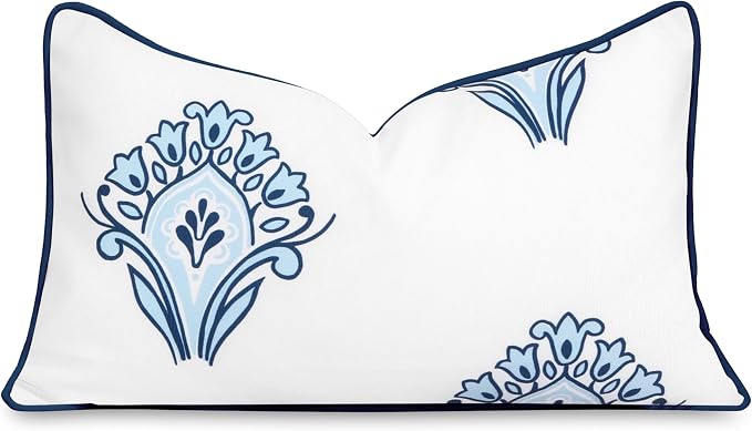 Hofdeco Premium Coastal Patio Indoor Outdoor Lumbar Pillow Cover Only, 12"x20" Water Repellent for Backyard, Couch, Navy Blue Floral with Piping
