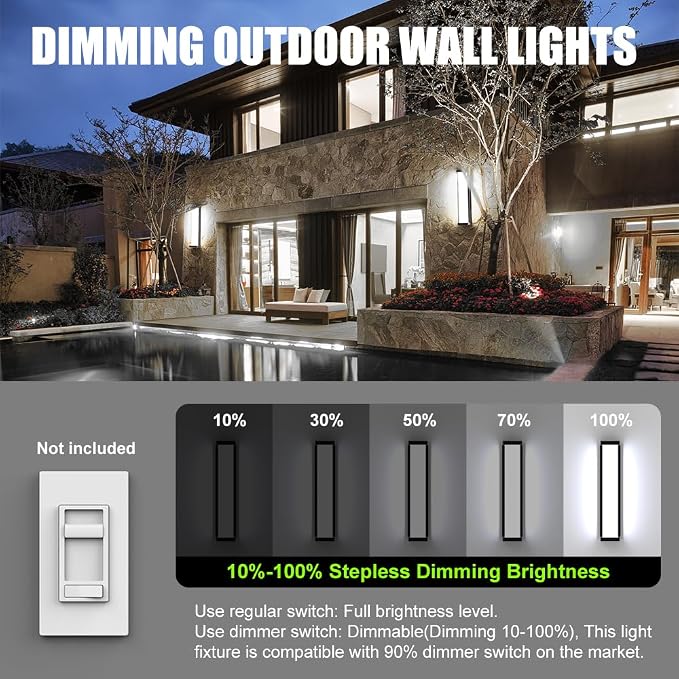 10%-100% Dimming LED Modern Outdoor Wall Light, 23.6in 6000K Dimmable Porch & Patio Wall Light Fixture,Black Aluminum&Dual PC Wall Lights Suitable for Garage Living Room Courtyard House(6000K)