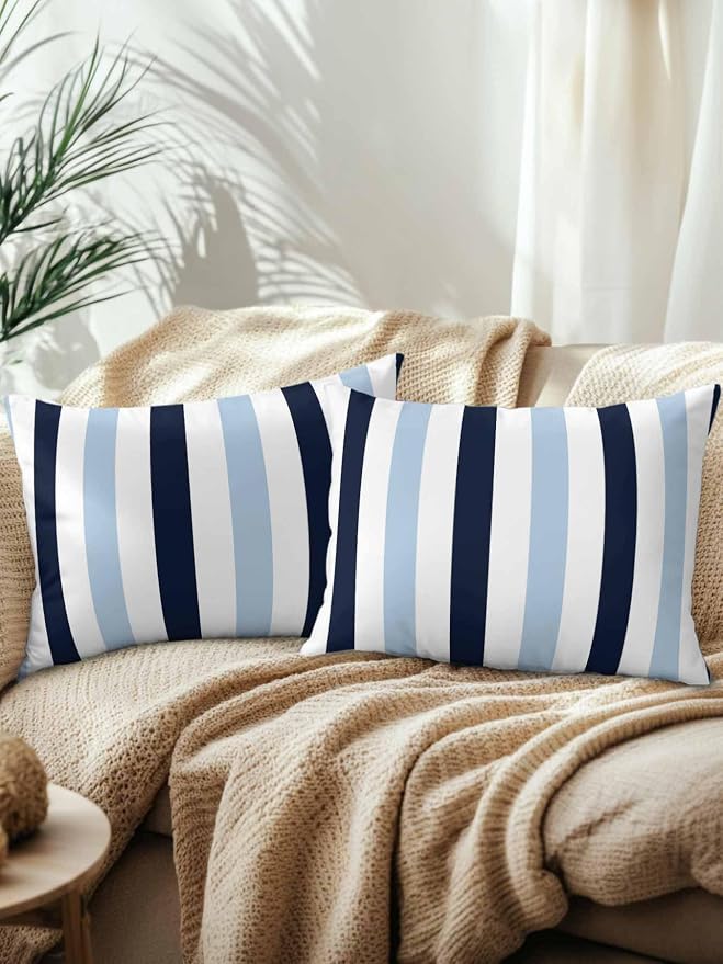 Outdoor Pillows Waterproof, Navy Blue Aqua Striped Bedding Throw Pillows with Insert for Couch Sofa Bed, Farmhouse Stripe Art 12x20 Inch Pillowcases Decorative Camping Patio Pillow Set of 2