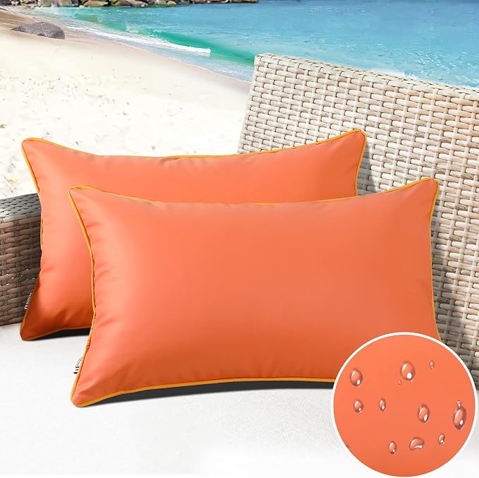 Set of 2 Silicone Leather Waterproof Lumbar Pillow Covers 12x20 Inch Fadeproof Rectangle Pillowcase Durable Outdoor Cushion Sham Decorative for Garden Patio Sunbrella Balcony Sofa, Orange