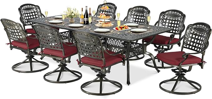 9-Piece Patio Cast Aluminum Dining Set, Outdoor Table and Chairs Set for 8, Includes 94.5" Rectangular Dining Table and 8 Swivel Rocker Chairs with Umbrella Hole for Lawn Garden, Red