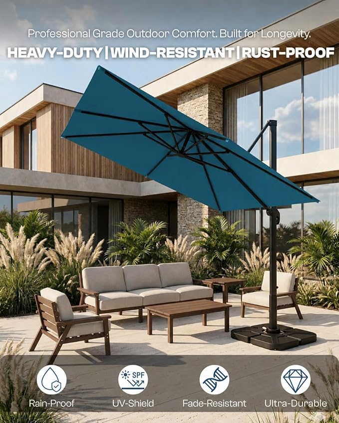 10'×10' Patio Umbrella, Aluminum Cantilever Umbrella with 360°Rotation, Offset Patio Umbrella with Easy Tilt Fade Resistance for Pool Deck Garden Backyard, Lagoon (Base not Included)