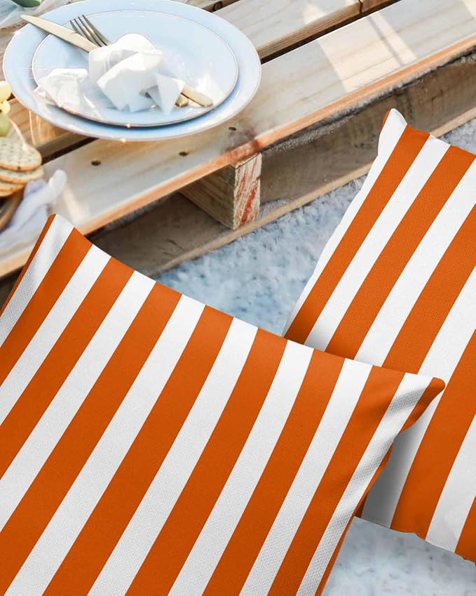 Outdoor Waterproof Throw Pillow Covers 20x20in, Orange Geometric Stripes Cushions for Garden Patio Furniture Chairs Set of 2, Abstract Fall Home Decor Couch Sofa Polyester Pillow Cases