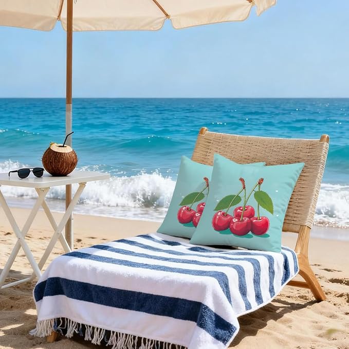 16x16 Inch Outdoor Pillow Covers Set of 2 Waterproof Throw Pillow Covers Decorative Couch Cushion Covers Cherry Cute Square Pillowcases Protectors for Patio Garden Sofa
