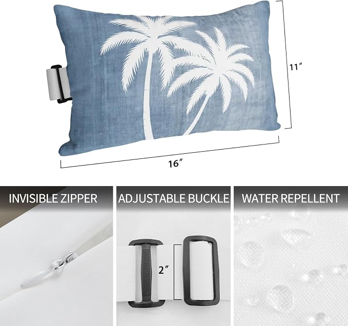 Palm Trees Dark Blue Outdoor Pillows for Chaise Lounge Chair Waterproof Lumbar Pillows with Insert&Adjustable Strap Beach Headrest Pillow Summer Coastal Vintage Tropical Recliner Pool Pillow 11"x16"