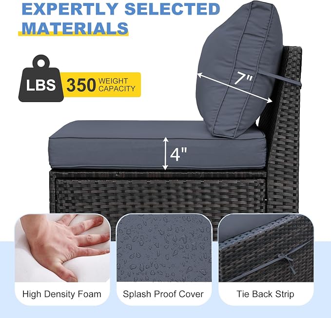8 Pieces Patio Furniture Set, Outdoor Couch Sofa with Wider Armrests & Glass Coffee Table, Outdoor Sectional Furniture with Thick Cushions for Party, Poolside,Garden-Gray